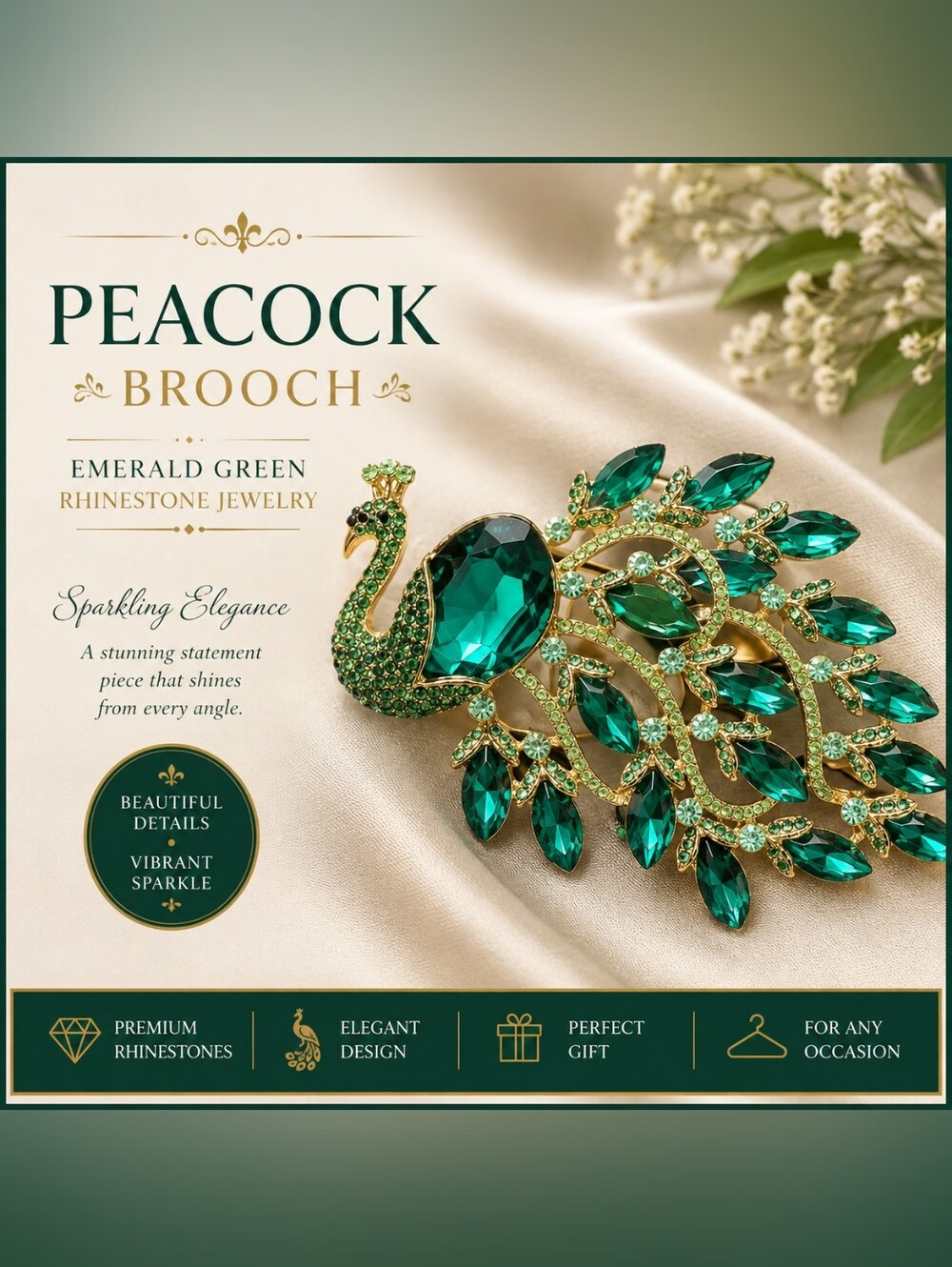 Emerald Green Peacock Brooch Pin – Gold Tone Rhinestone Statement Jewelry